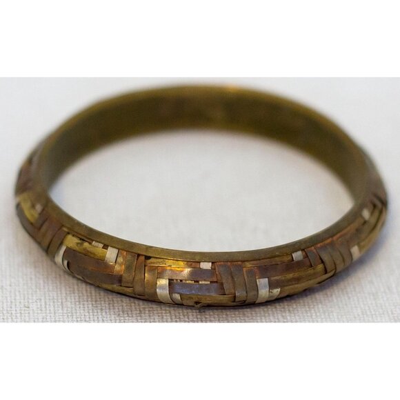 8 inch, Vintage Geometric Gold Tone Copper Bangle - AX9 - Picture 2 of 3